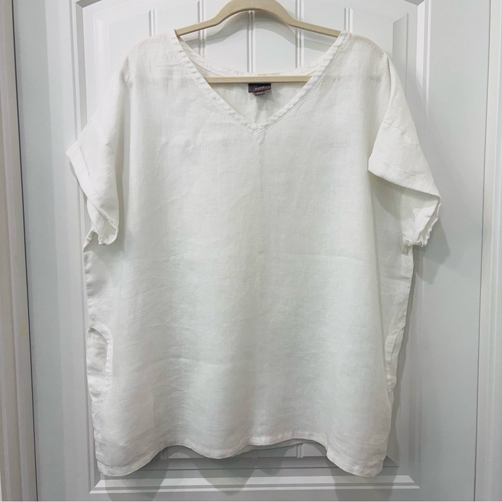 J. Jill Women’s White V-Neck Linen Lagenlook Top With Pockets Size M/L